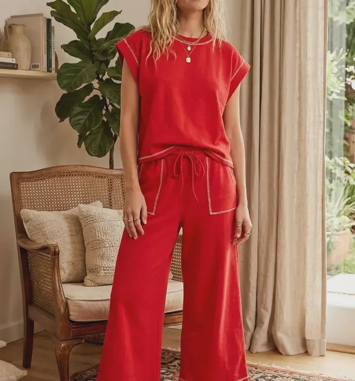 Scuba Contrast Stitch Lounge Set - Red