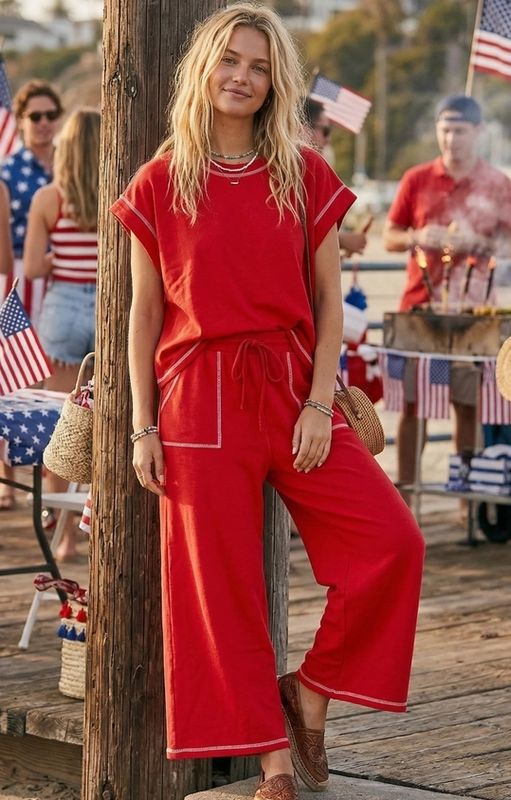 Scuba Contrast Stitch Lounge Set - Red