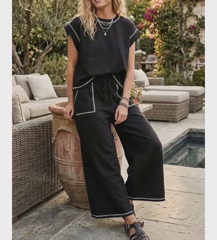 Scuba Contrast Stitch Lounge Set - Black