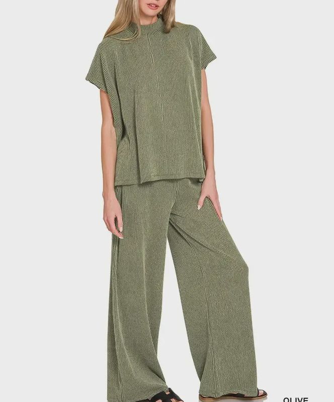 Raised Rib Short Sleeve Tee &amp; Pants 2PC Set - Olive