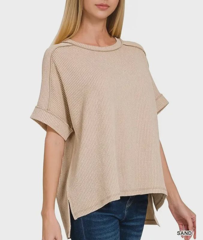 Corded Rib Short Cuff Sleeve Raw Edge Top -Sand