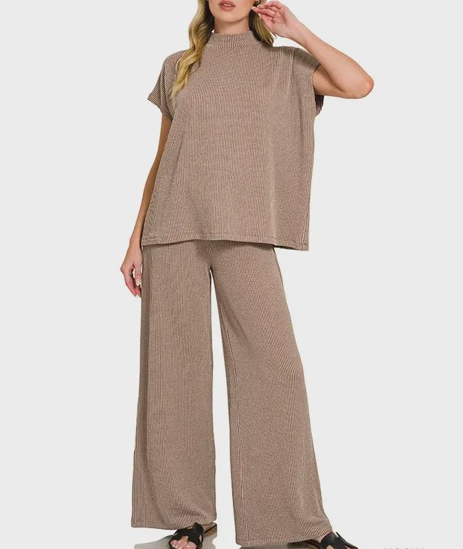 Raised Rib Short Sleeve Tee &amp; Pants 2PC Set - Mocha
