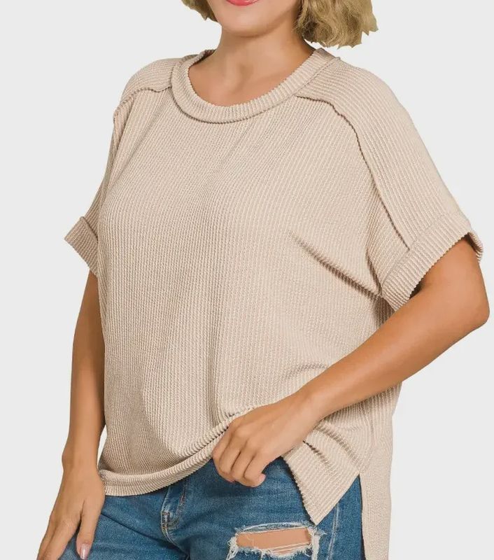 Corded Rib Short Cuff Sleeve Raw Edge Plus Top -Sand