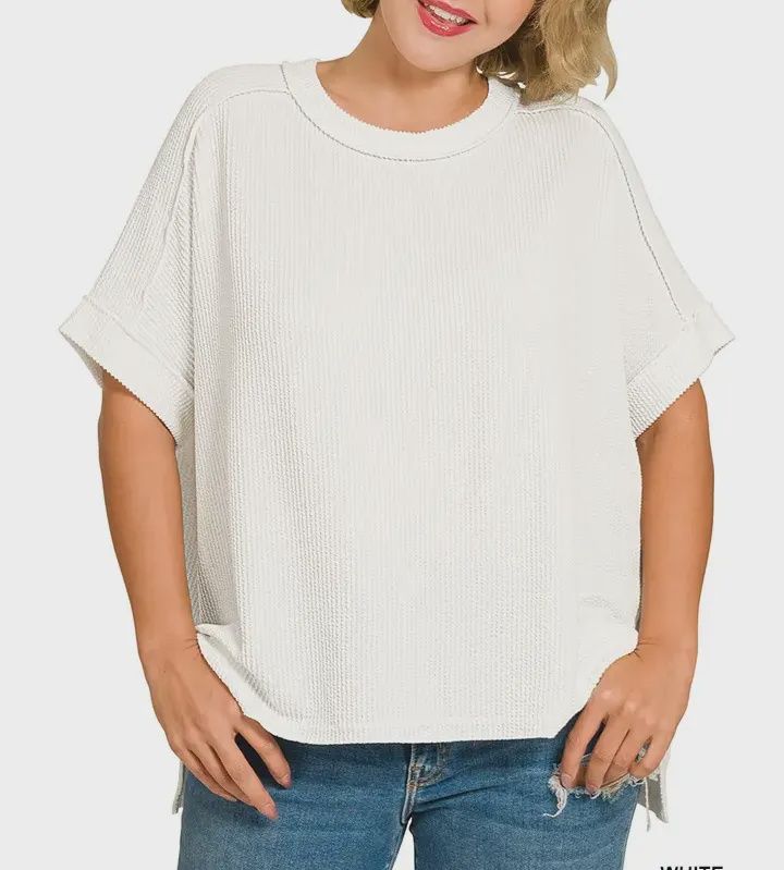 Corded Rib Short Cuff Sleeve Raw Edge Plus Top -White