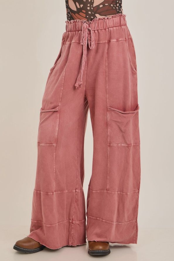Mineral Wash Wide Leg Cropped Pants-TerraCotta