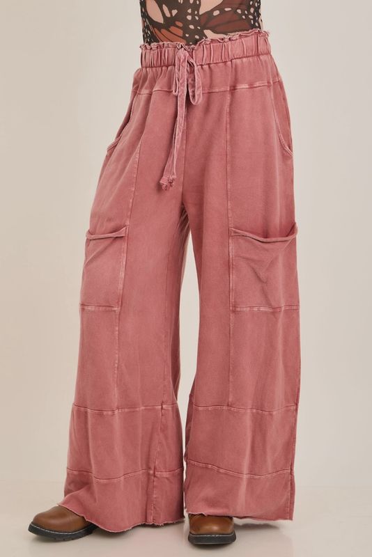 Mineral Wash Wide Leg Cropped Pants-TerraCotta