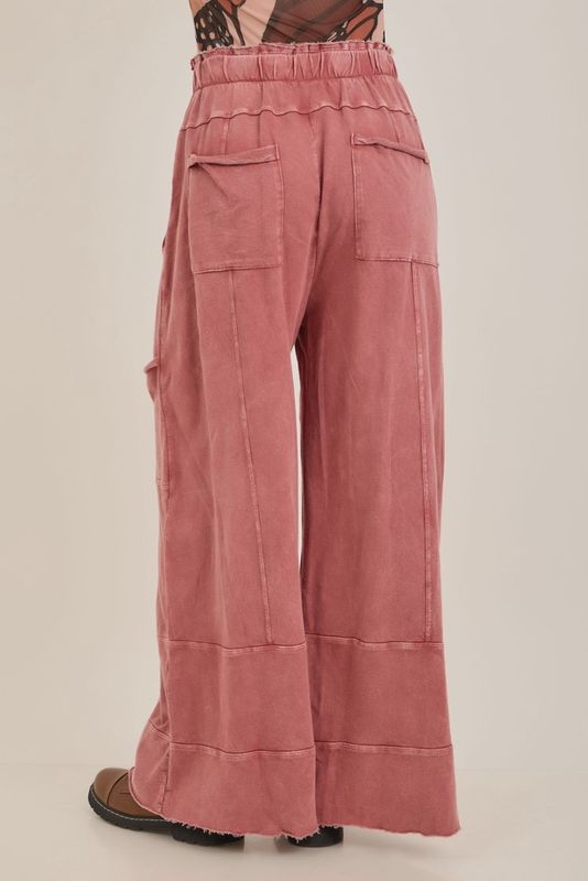 Mineral Wash Wide Leg Cropped Pants-TerraCotta