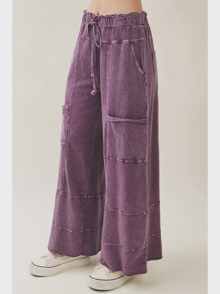 Mineral Wash Wide Leg Cropped Pants-Eggplant