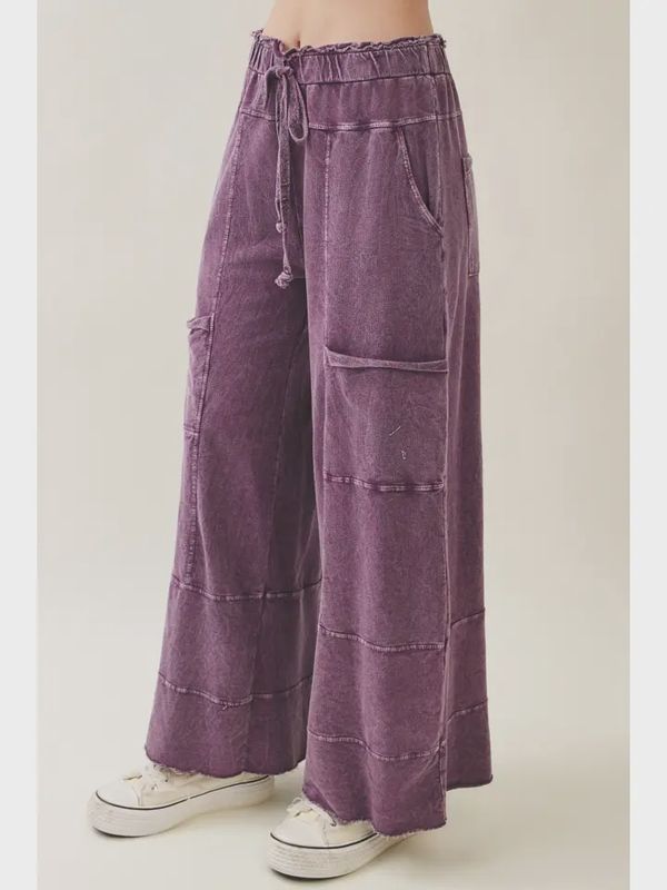 Mineral Wash Wide Leg Cropped Pants-Eggplant