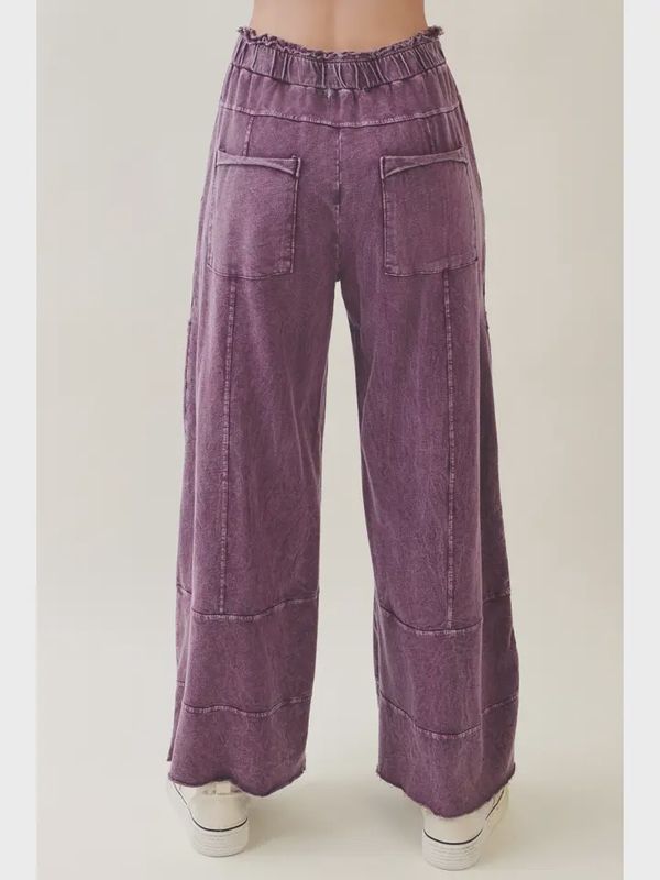 Mineral Wash Wide Leg Cropped Pants-Eggplant