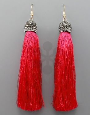 Paved Cap &amp; Tassel Earrings - Red