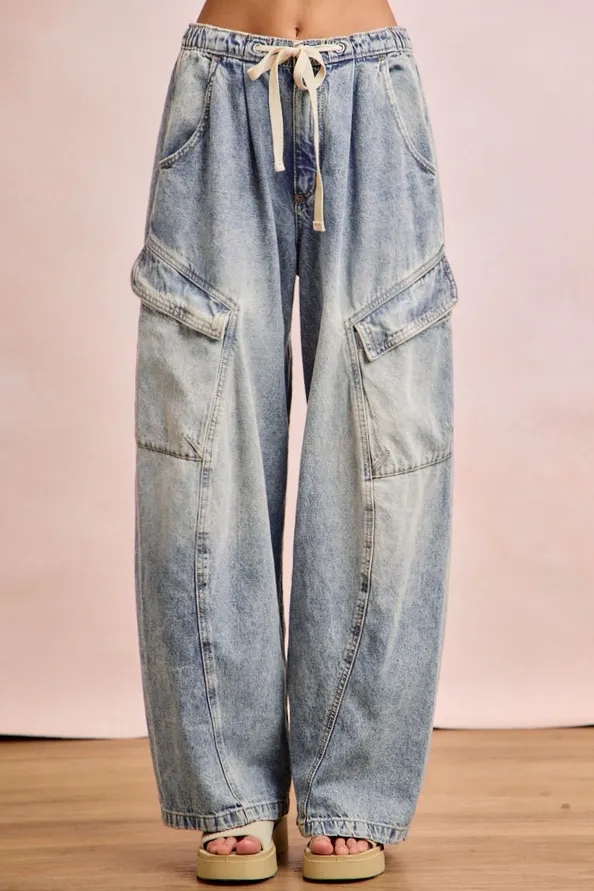 Baggy Barrel Denim Pants with Cargo Pockets