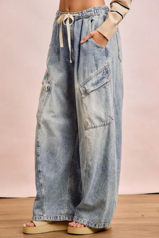Baggy Barrel Denim Pants with Cargo Pockets