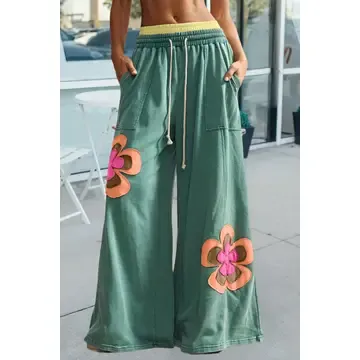 Flower Patchwork Elastic Waist Wide Leg Pants  - Green