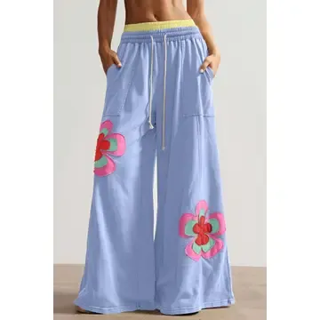 Flower Patchwork Elastic Waist Wide Leg Pants - Blue