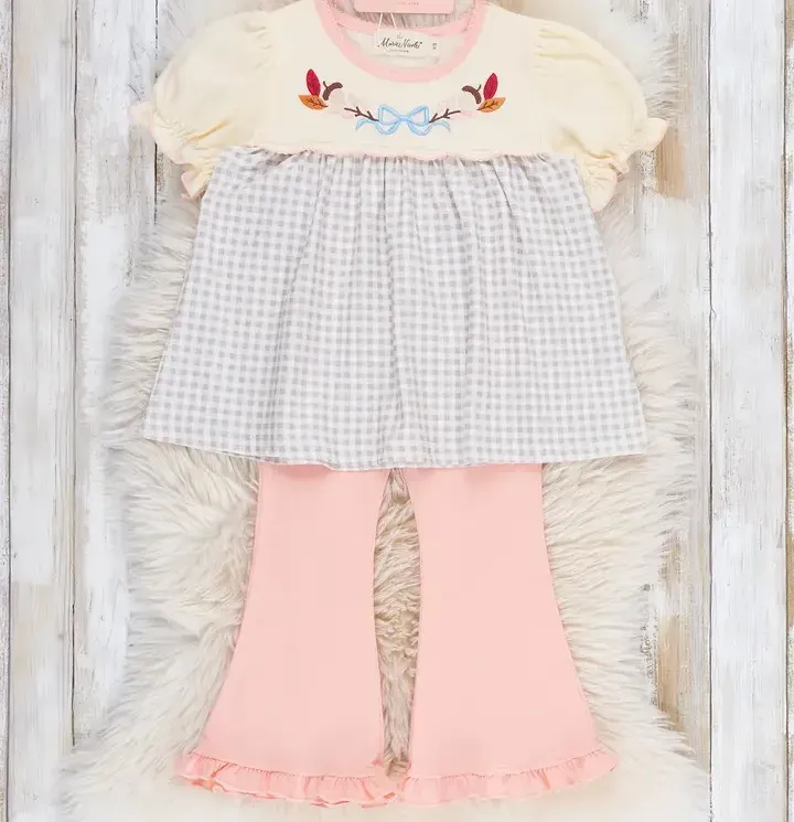 Autumn Acorns Bows Embroidered Plaid Bell-Bottom Outfit