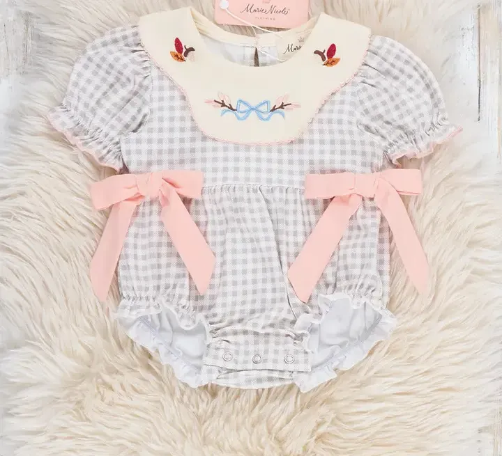 Autumn Acorns Bows Embroidered Plaid Bubble Romper