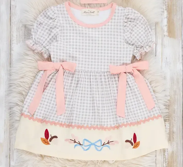Autumn Acorns Bows Embroidered Plaid Dress