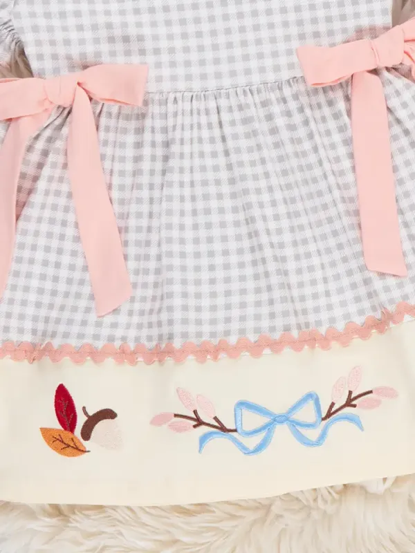 Autumn Acorns Bows Embroidered Plaid Dress