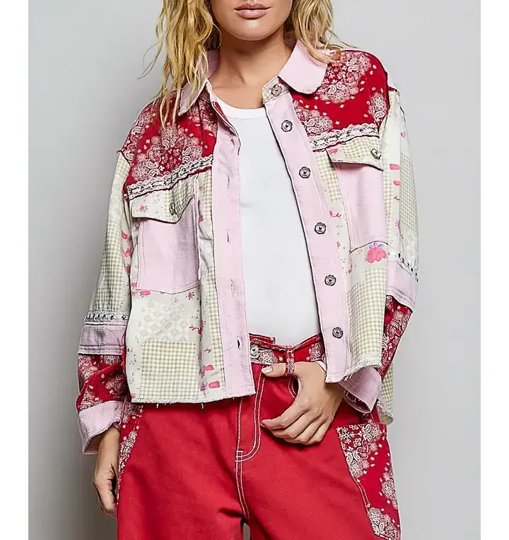Long Sleeve Collared Printed Shirt Twill Woven Jacket