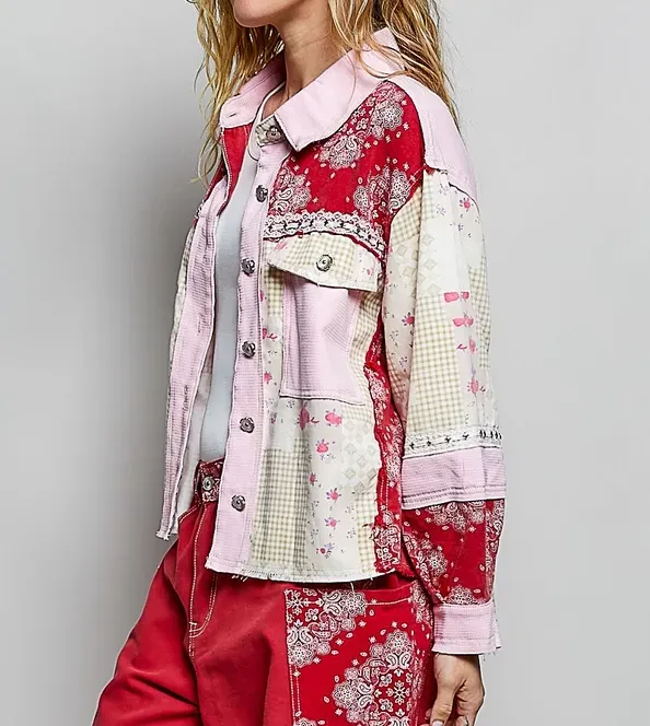 Long Sleeve Collared Printed Shirt Twill Woven Jacket