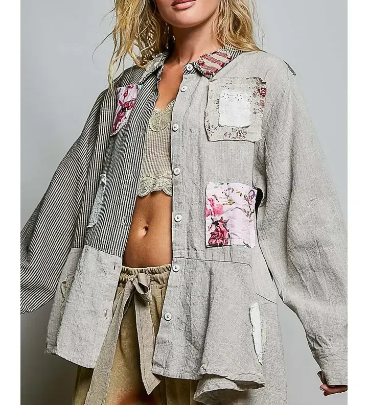 Crafted Vintage Floral Patchwork Linen Textured Shirt Jacket