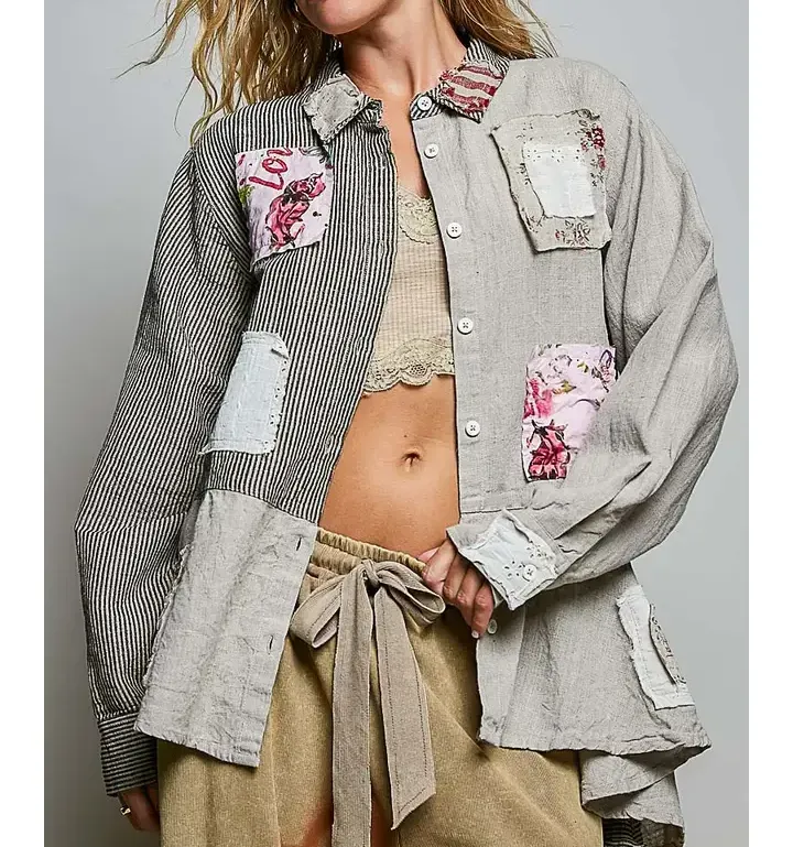 Crafted Vintage Floral Patchwork Linen Textured Shirt Jacket