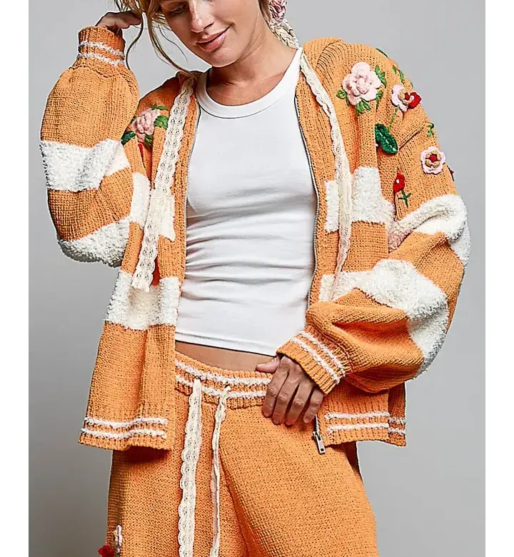 Striped Pattern 3D Embroidered Hoodie Zip Up Sweater Top