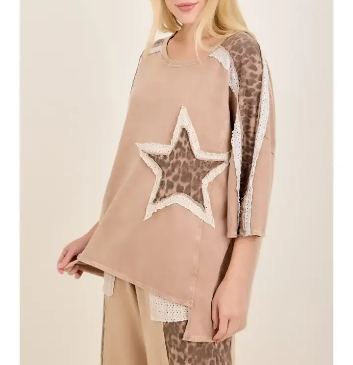 Plus Mineral Washed Leopard Lace Star Patched Top