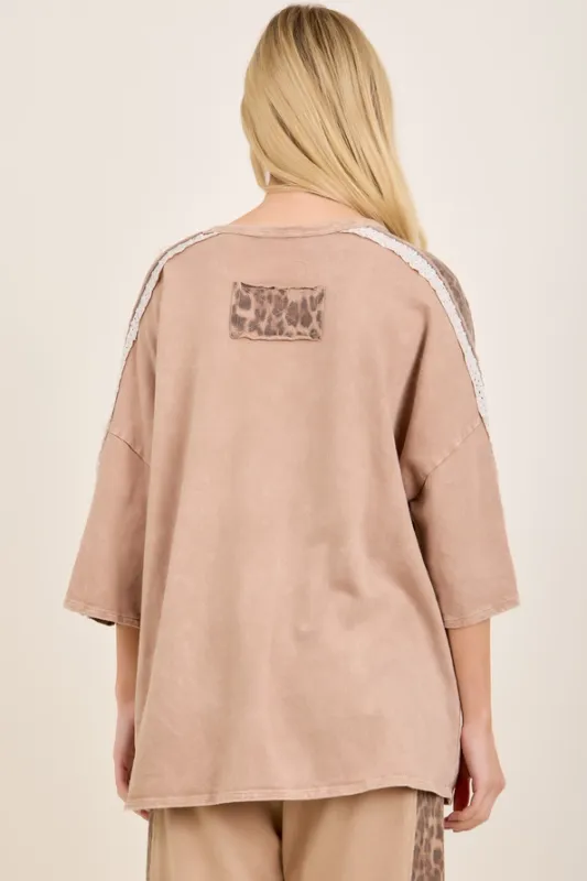Plus Mineral Washed Leopard Lace Star Patched Top
