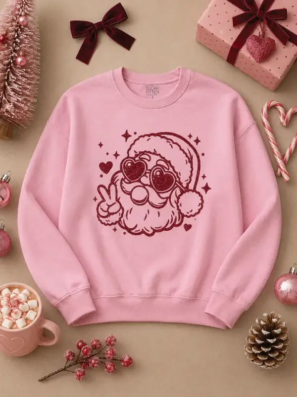 Bubble Gum Glitter Santa Christmas Graphic Sweatshirt