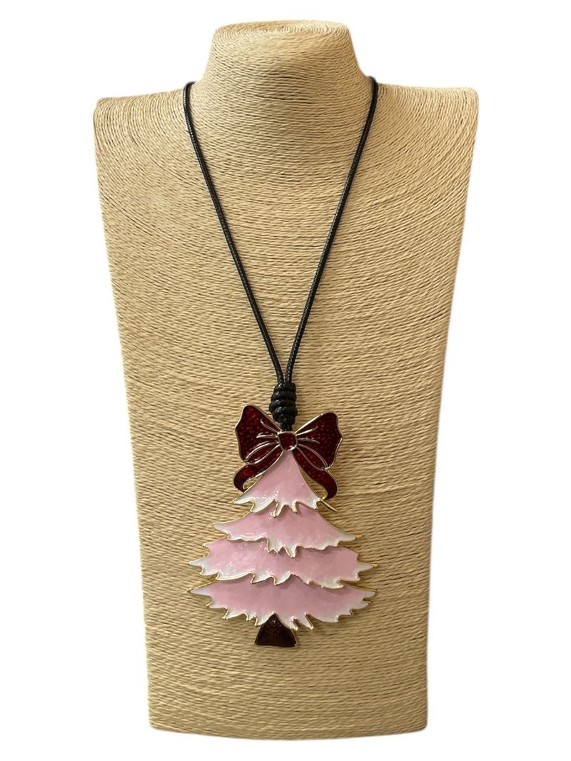 Red Bow &amp; Pink Christmas Tree Cord Necklace