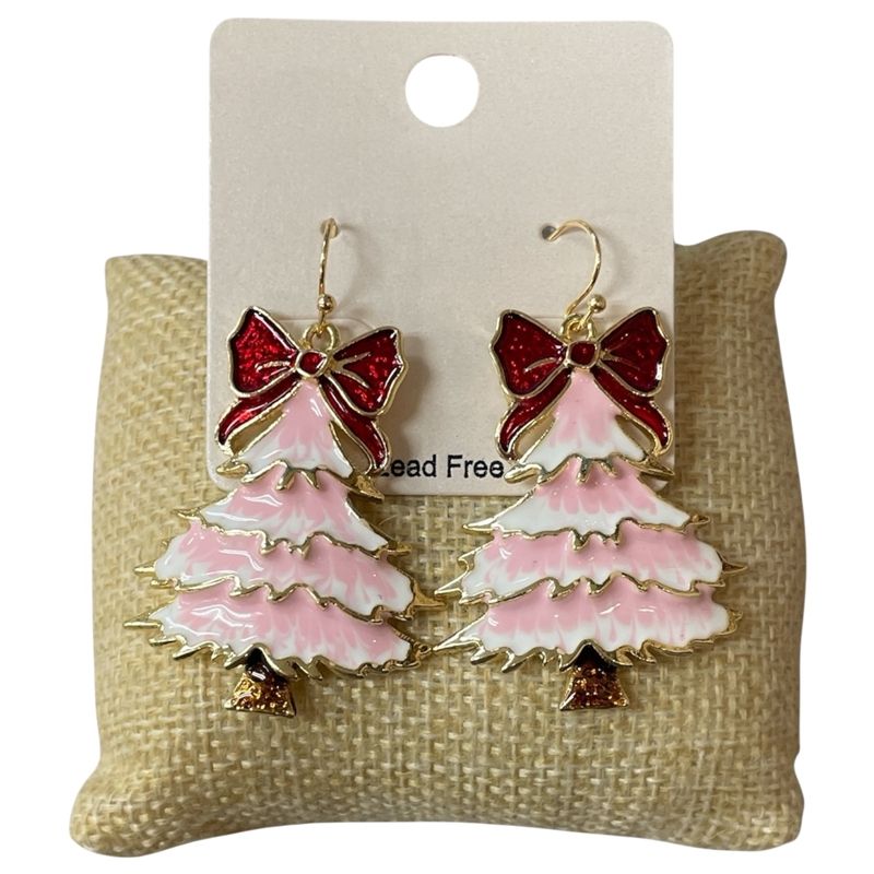 Red Bow &amp; Pink Christmas Tree Earrings