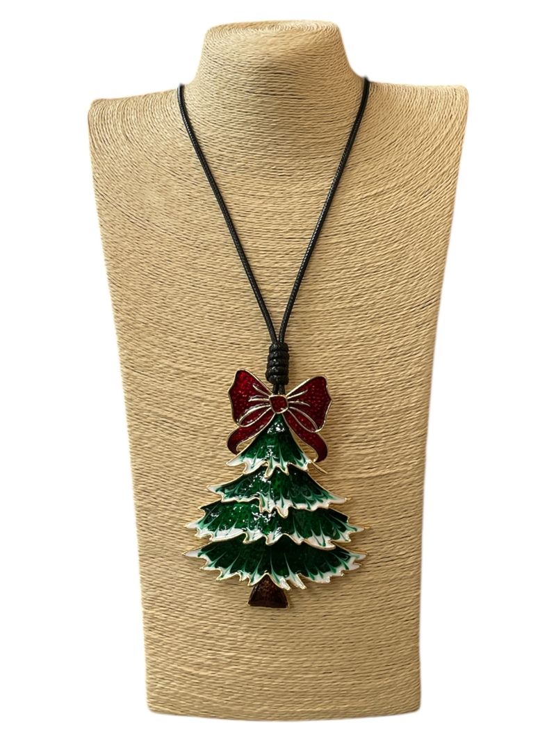 Red Bow &amp; Green Christmas Tree Cord Necklace