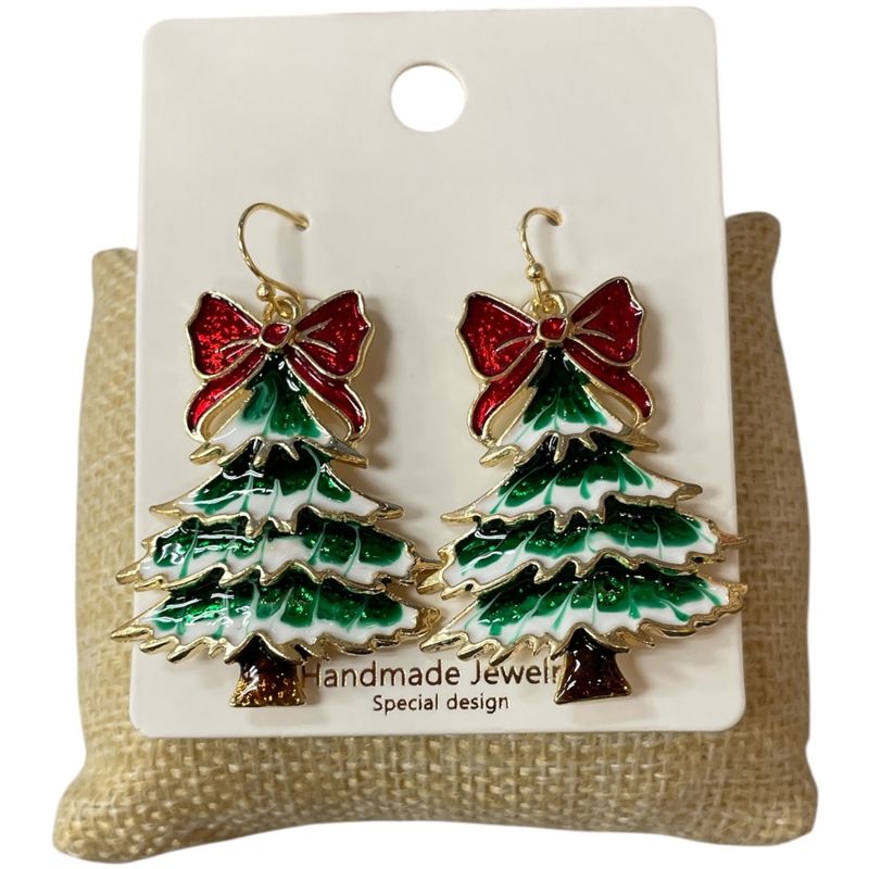 Red Bow &amp; Green Christmas Tree Earring