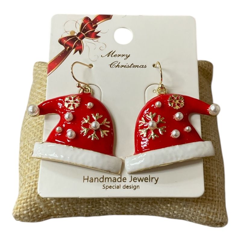 Red Santa Pearl Hat Earrings