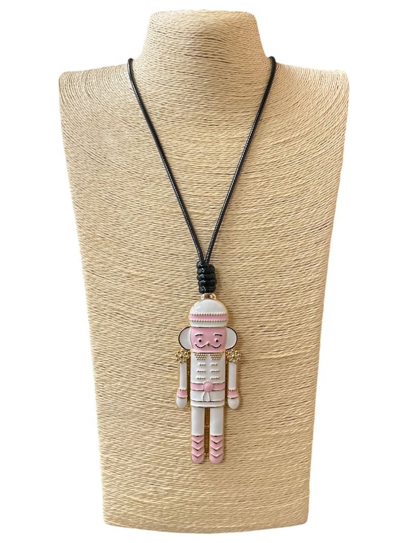 Pink &amp; White Nutcracker with Gold Cord Necklace