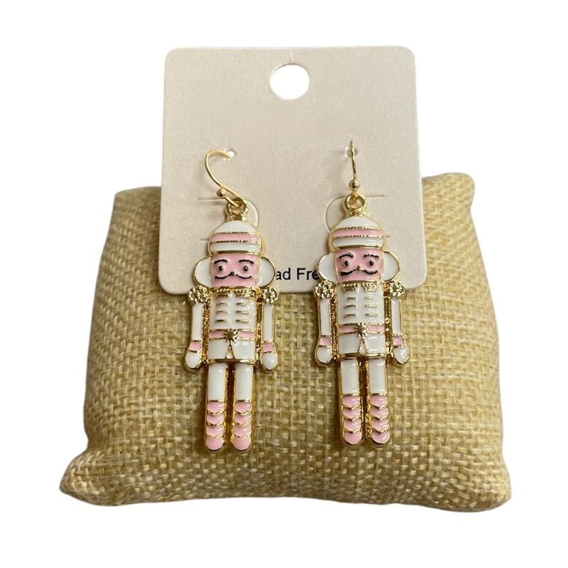 Pink &amp; White Nutcracker with Gold Earrings