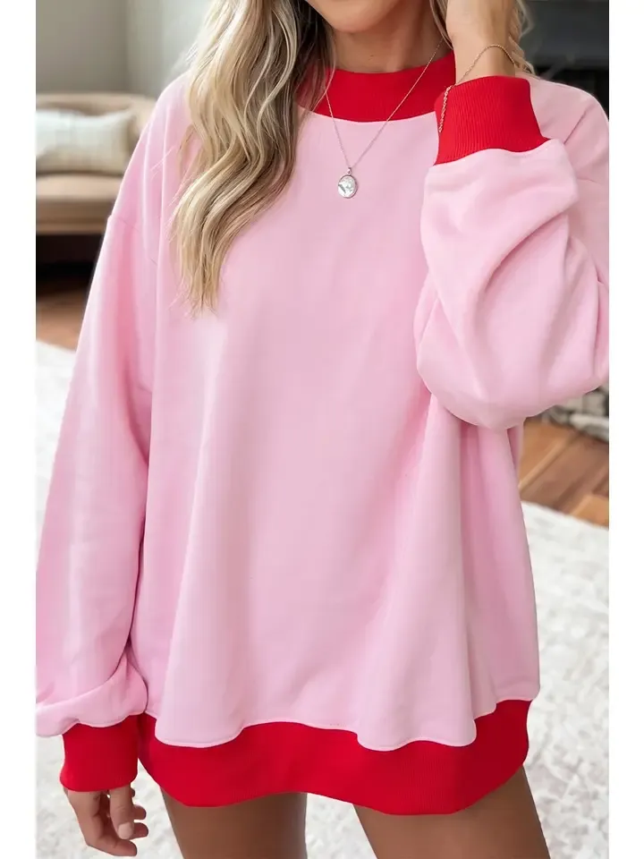 Colorblock Trim Crewneck Pullover Sweatshirt -  Pink