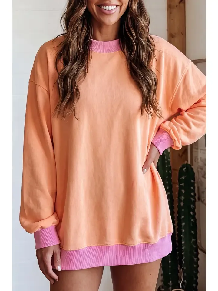 Colorblock Trim Crewneck Pullover Sweatshirt - Grapefruit Orange