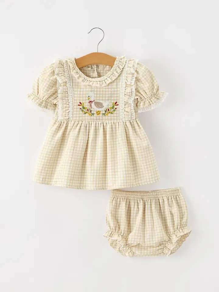 Embroidered Goose Beige Plaid Ruffle Bloomer Set