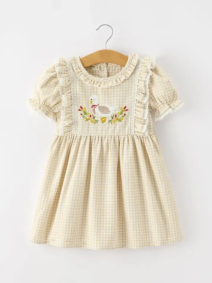 Embroidered Goose Beige Plaid Ruffle Dress