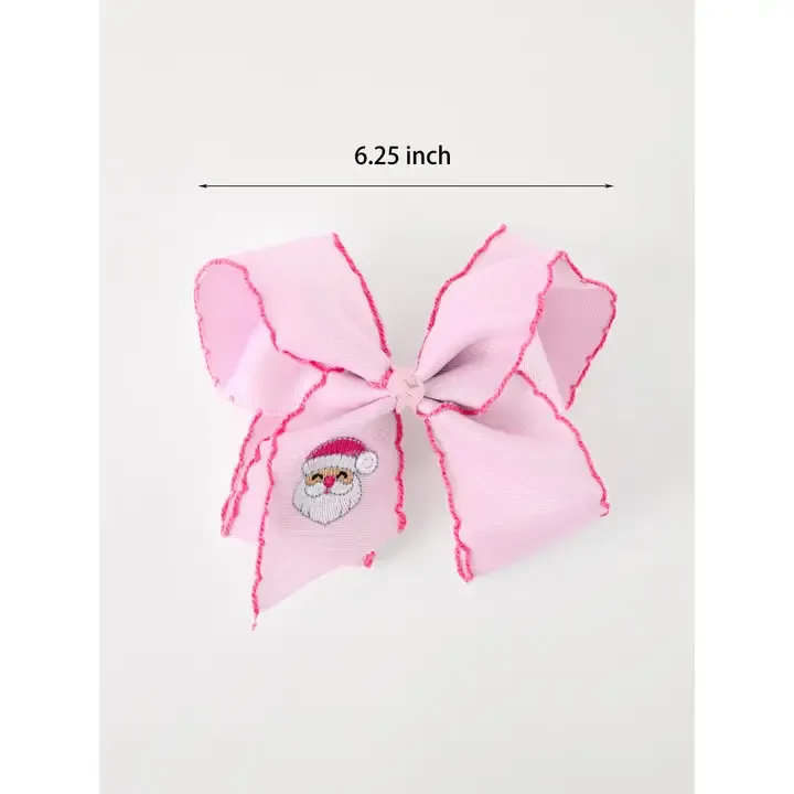 Girls' Christmas Santa Embroidered 6.25" Hair Bow – White/Pink