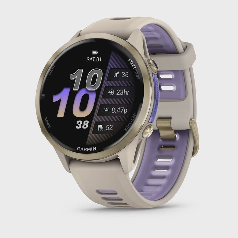 Garmin- Forerunner® 970 – Soft Gold Titanium with French Gray Case and French Gray/Translucent Indigo Band