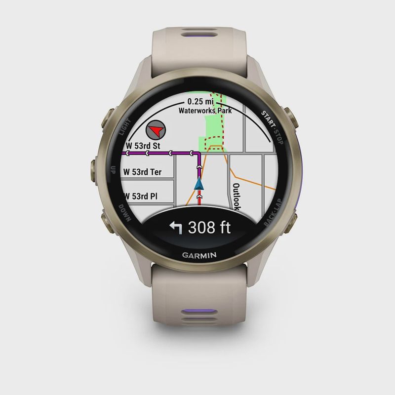 Garmin- Forerunner® 970 – Soft Gold Titanium with French Gray Case and French Gray/Translucent Indigo Band