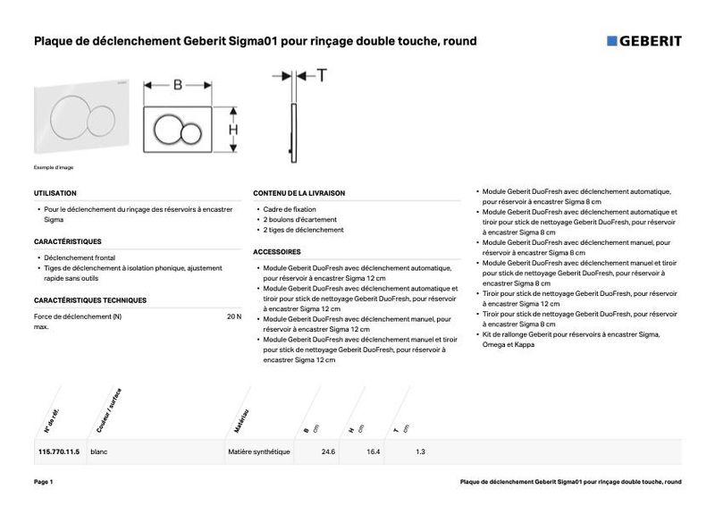 PLAQUE DE COMMANDE DOUBLE TOUCHE SIGMA 01 BLANC