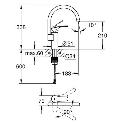 Mitigeur évier Eurosmart  Bec haut Grohe PRO