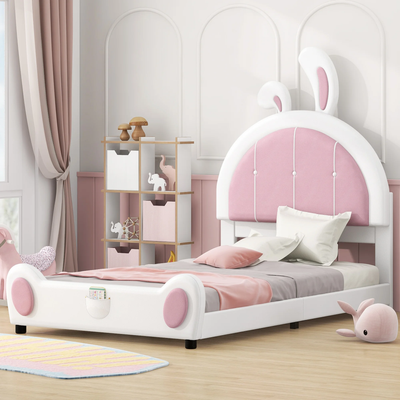 White Twin Size Children Beds, Upholstered Twin Platform Bed, Cartoon Bunny Bed for Toddler Kids Teens, No Box Spring Needed