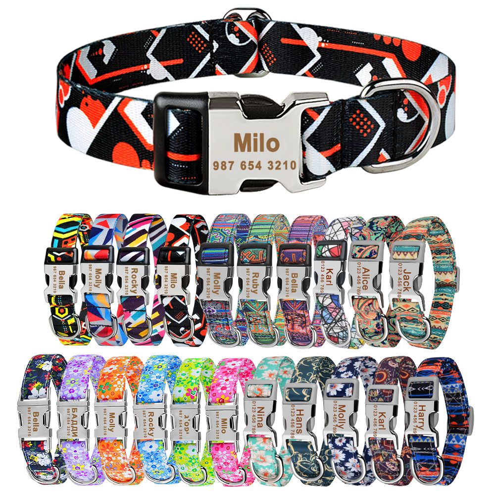 Adjustable Nylon Plaid Unisex Dog Collar Personalized Dog Collar Custom Free Engraved Name ID Tag Small Large Product Dog Collar