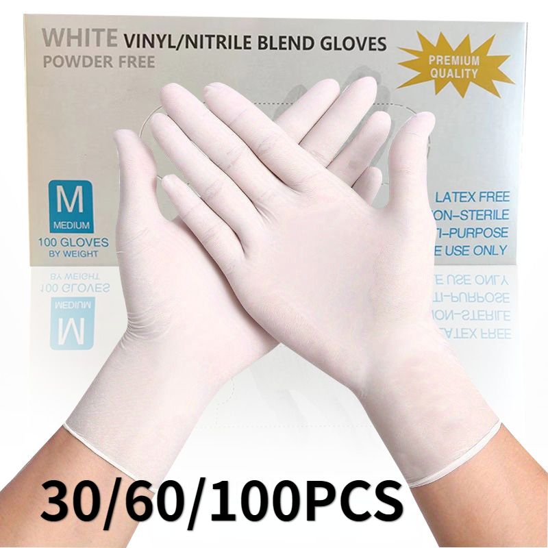 30/60/100PCS White Nitrile Gloves Disposable Household Waterproof Nitrile Gloves Kitchen Dishwashing Pet Bathing Cleaning Tools